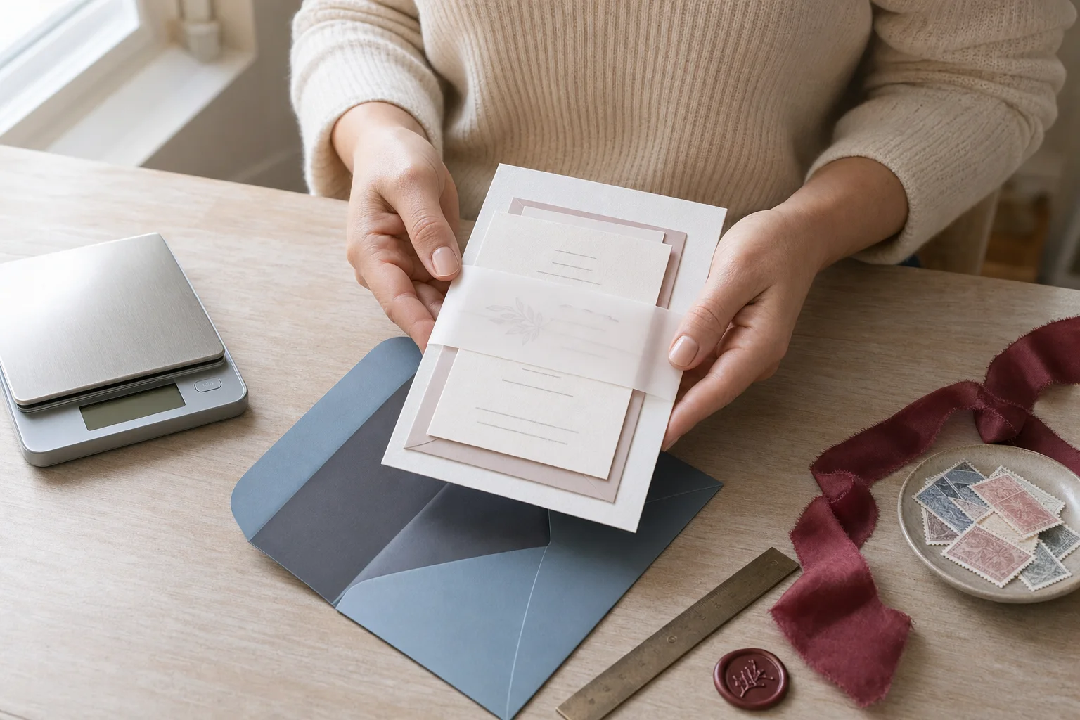 A woman assembling a wedding invitation suite