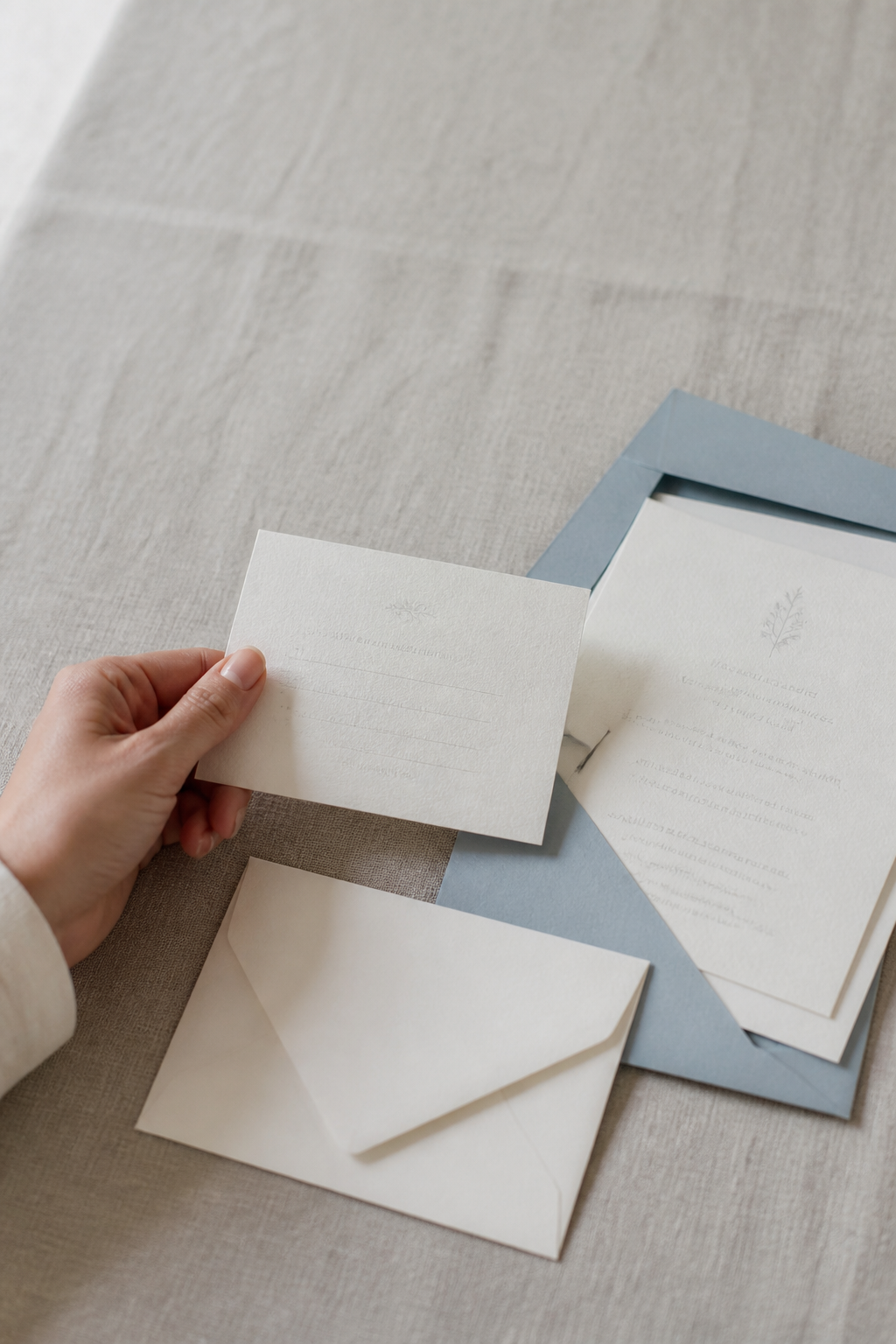 A hand comparing a reply postcard and a reply envelope beside a wedding invitation