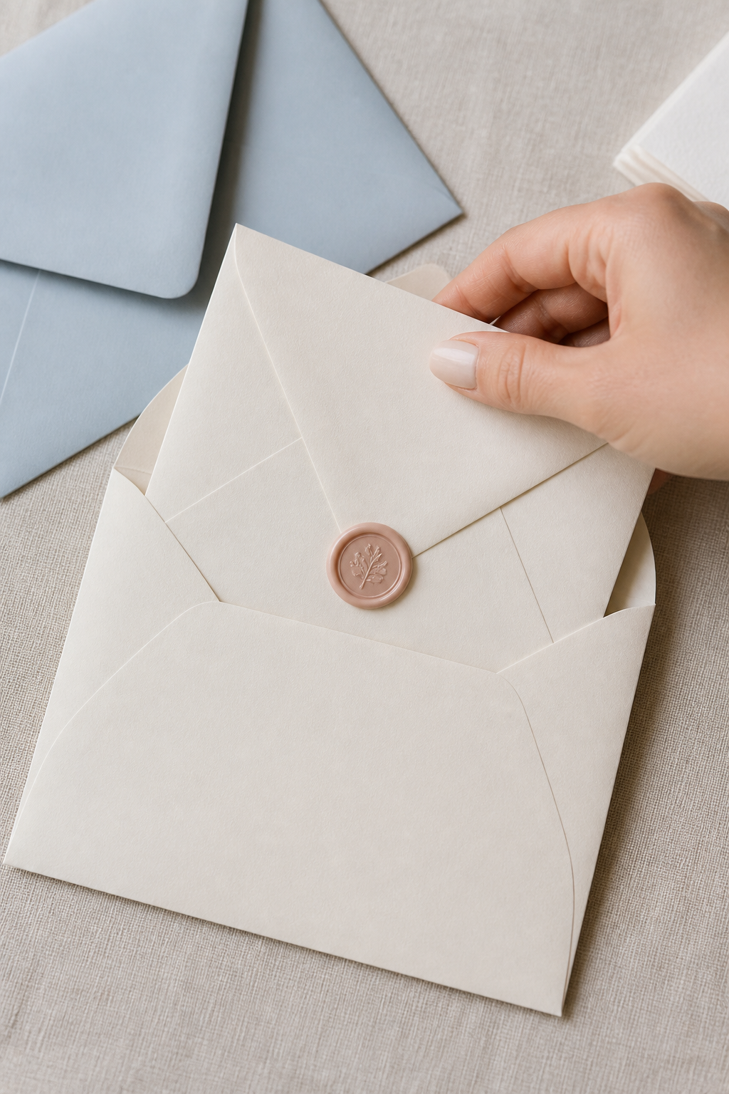 A hand placing a wax-sealed inner invitation envelope inside a larger outer envelope