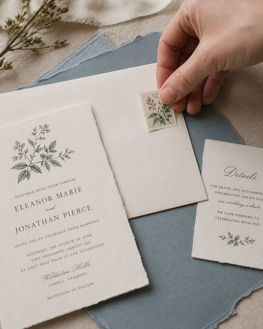 A hand placing a botanical stamp on an invitation envelope