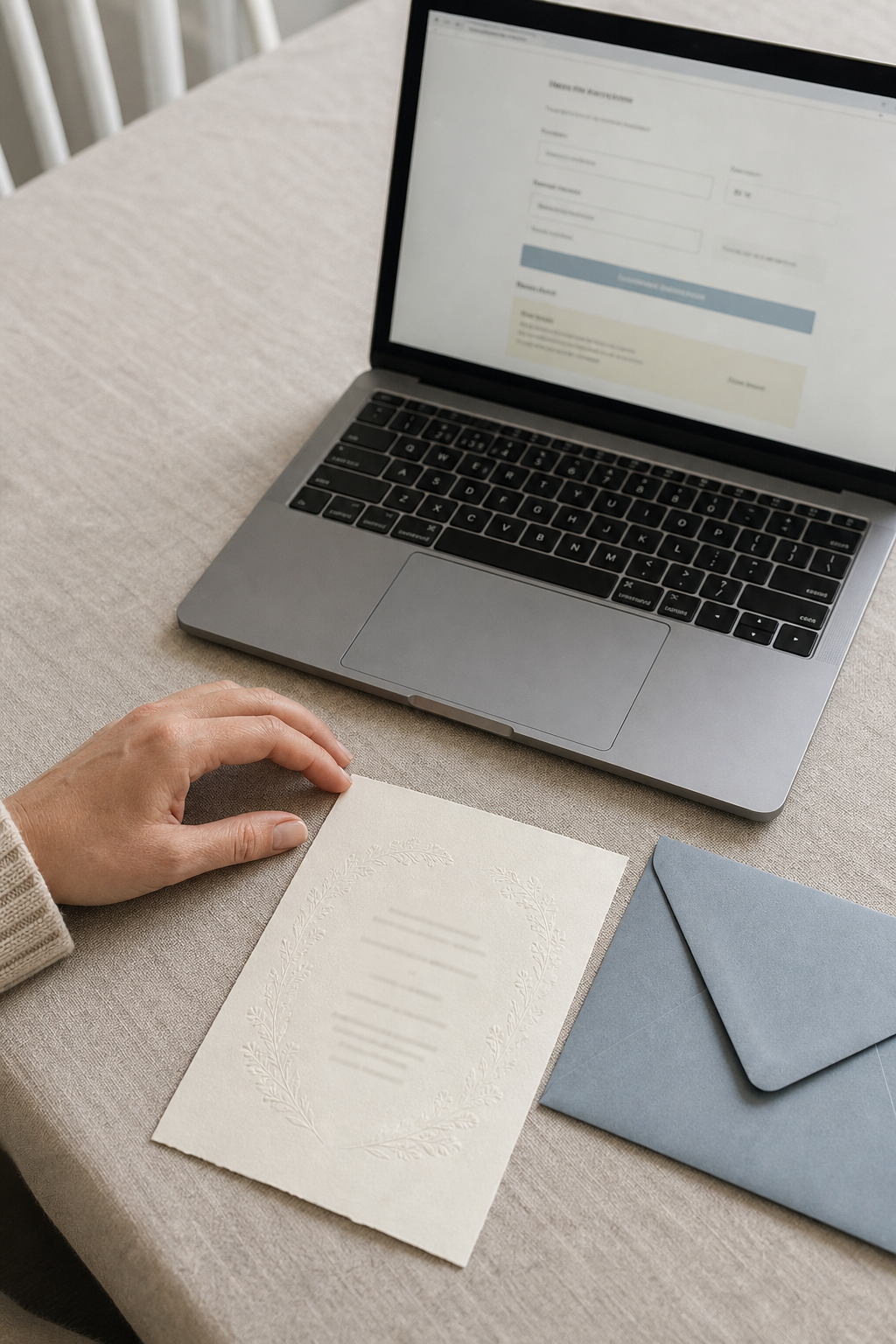 A hand beside a finished invitation and a laptop showing a postage checker