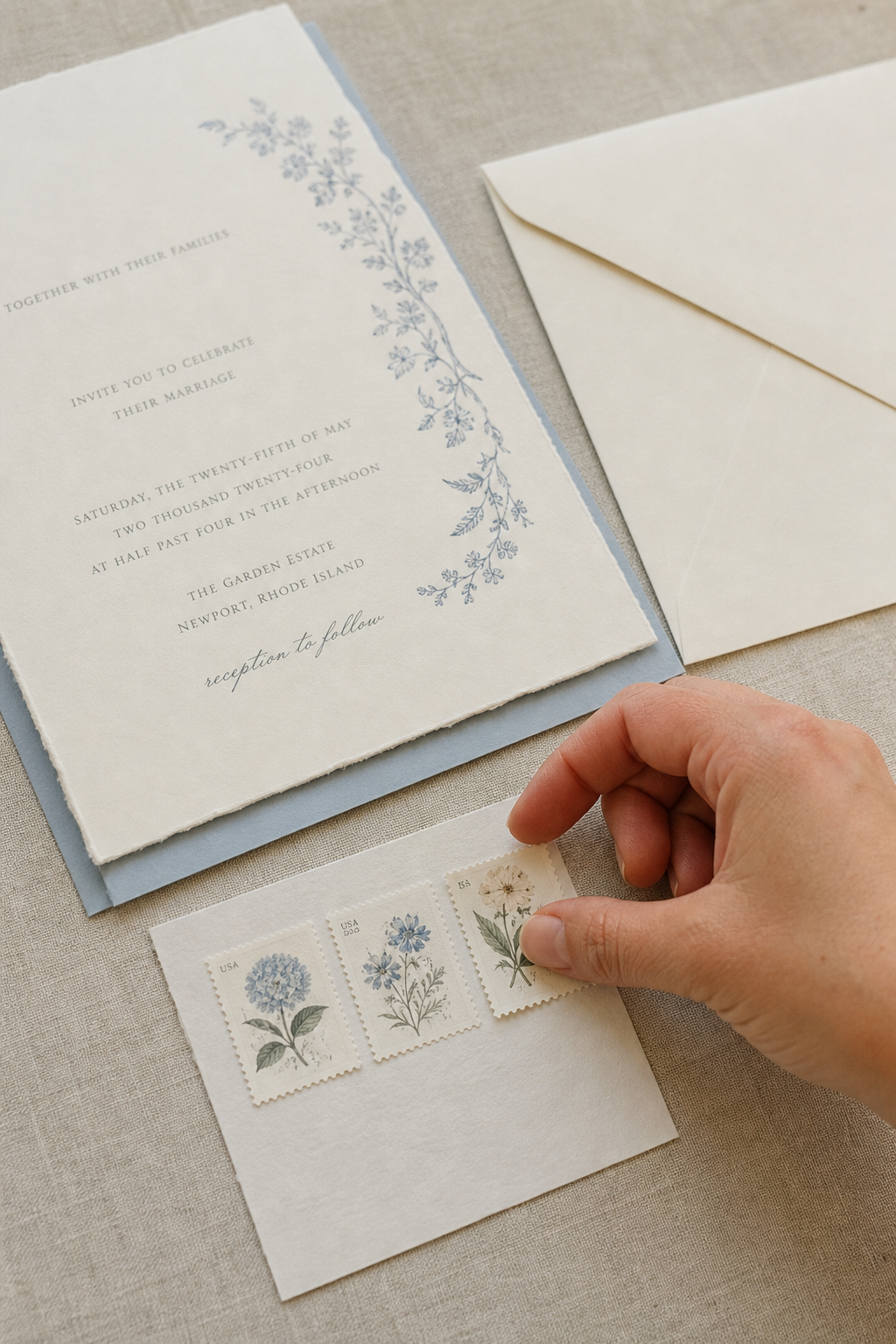 A hand choosing among three botanical postage stamps beside a wedding invitation