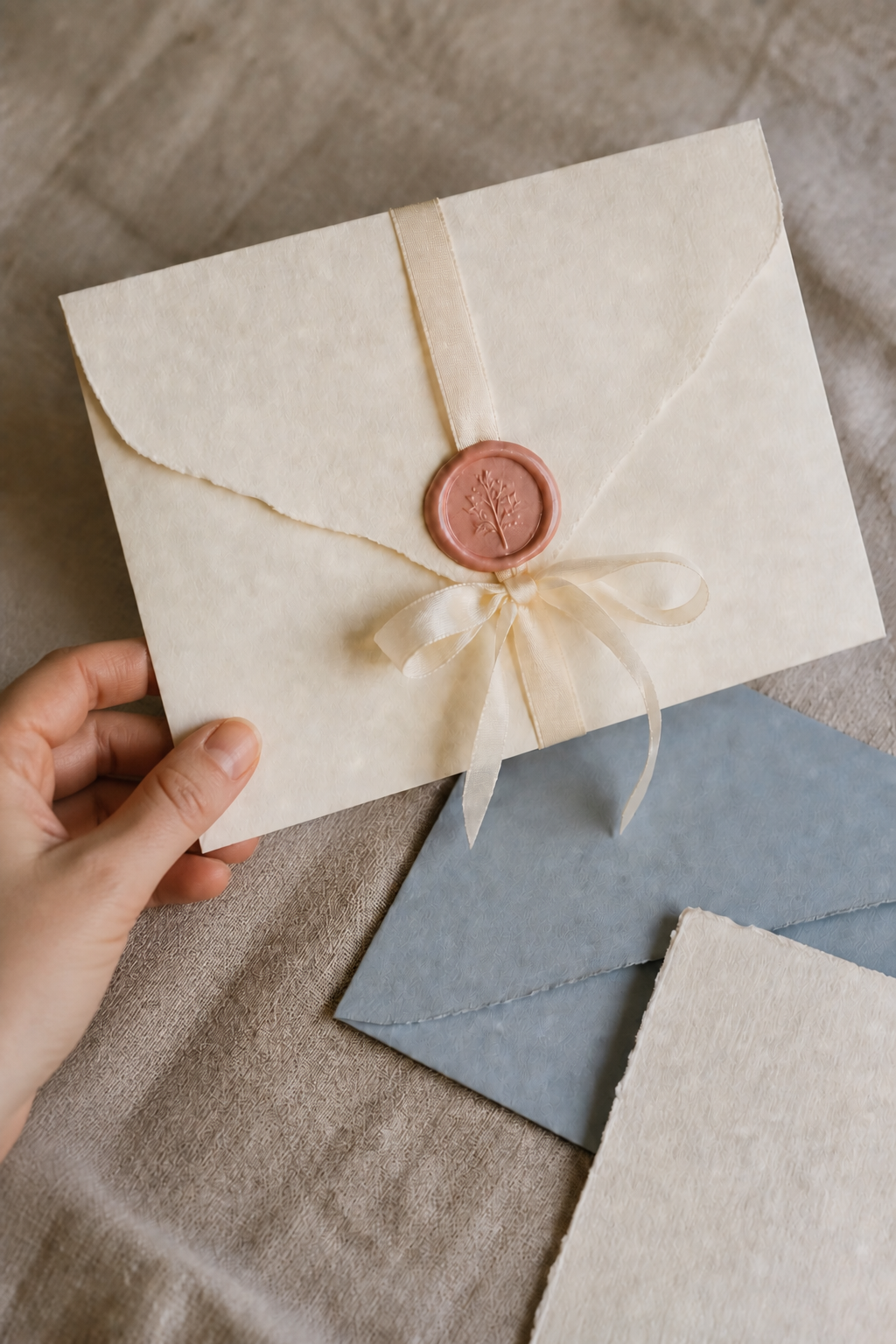 A hand holding a wedding invitation envelope with a wax seal and ribbon