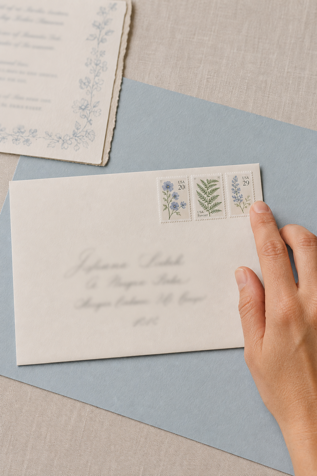 A hand pressing a third botanical stamp into a non-overlapping row on the upper-right corner of an envelope front