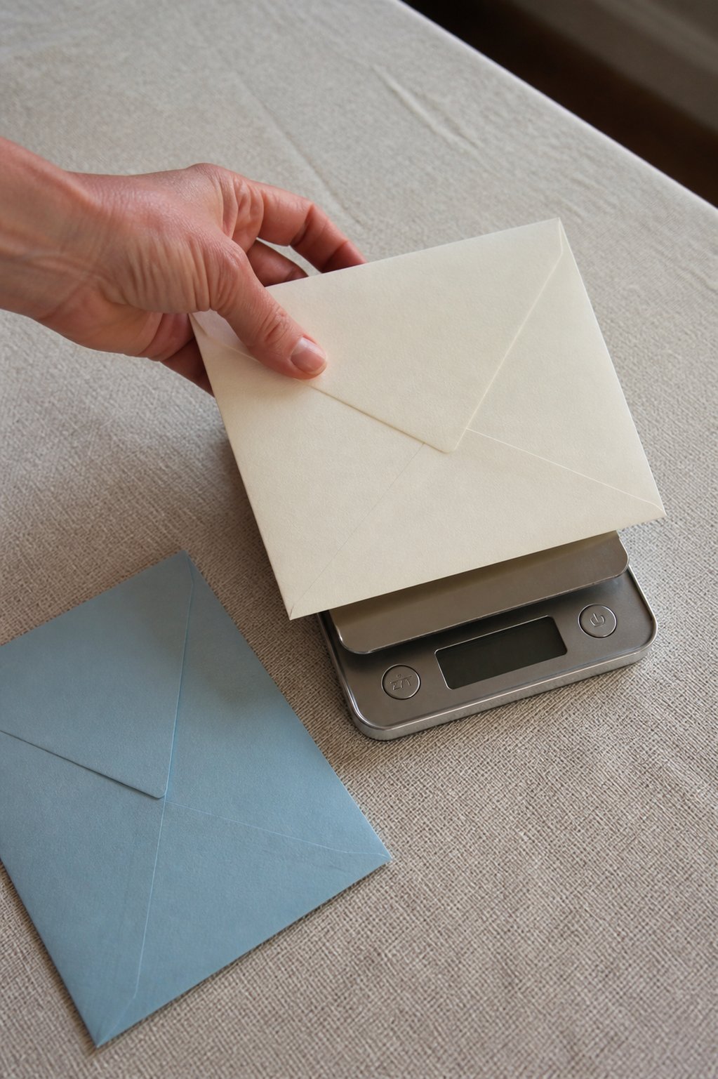 A hand placing a finished wedding invitation envelope on a small scale